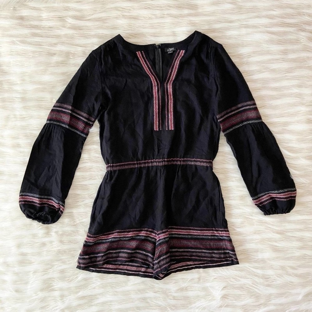 Loft Black Red Embroidered Puff Sleeve Romper Sz S
